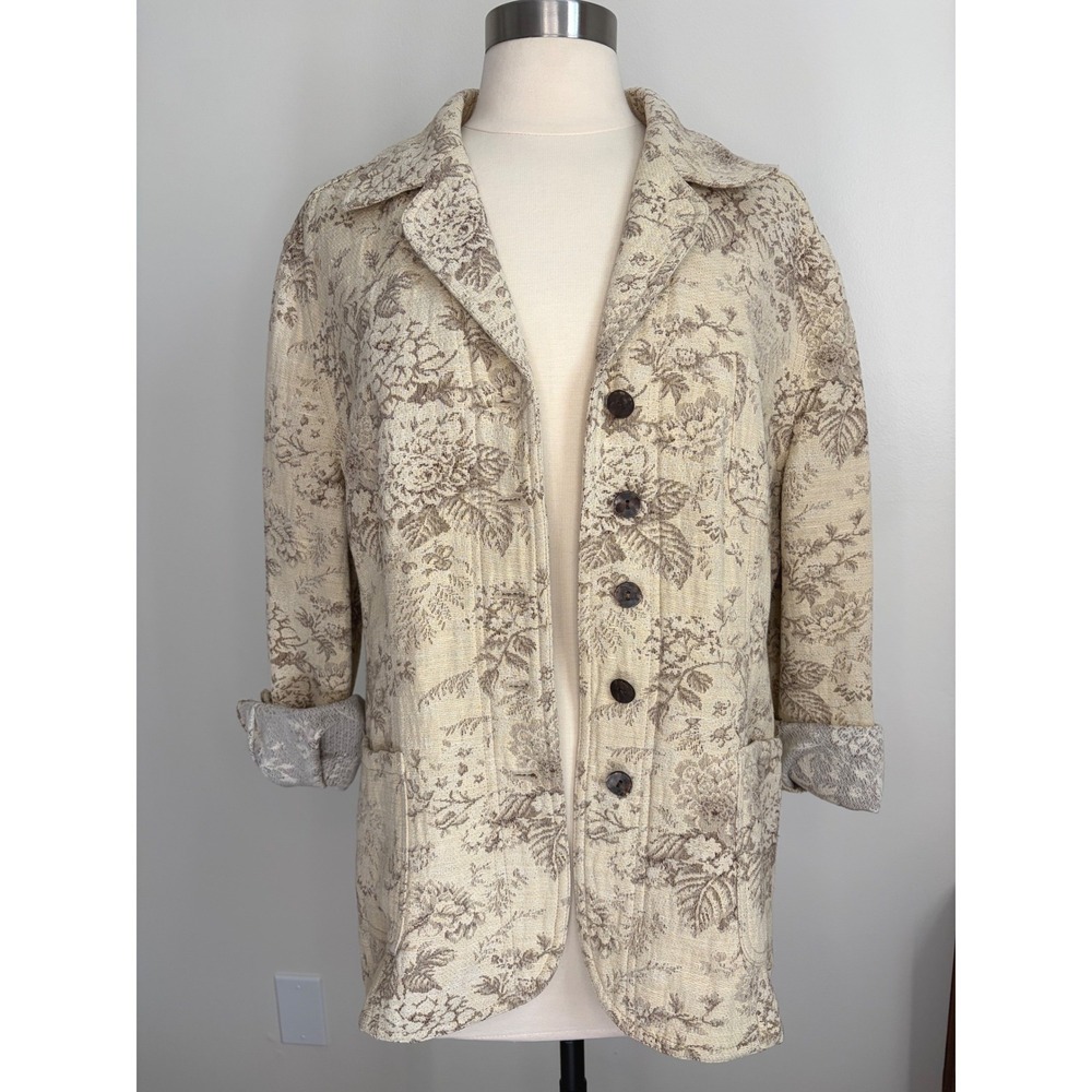 J.Jill Women XL Floral Toile Tapestry Jacket Hemp Blend Beige Brown Button Front